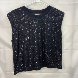 Skies Are Blue women's black‎ sequin striped crewneck sleeveless blouse top M